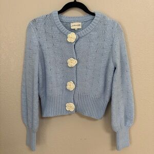 Blue Cardigan Sweater with white rose snap buttons